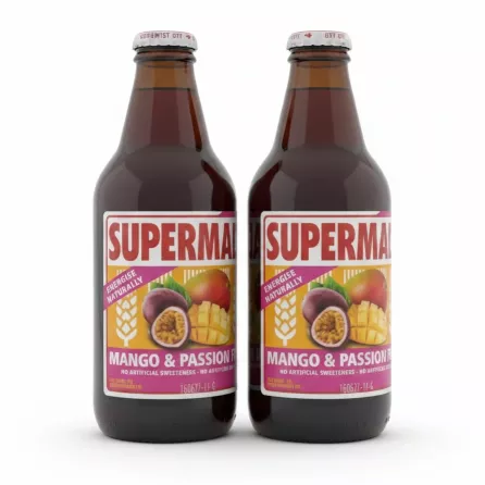Close-up of two Supermalt Mango & Passion Fruit bottles showing the label with fruit images