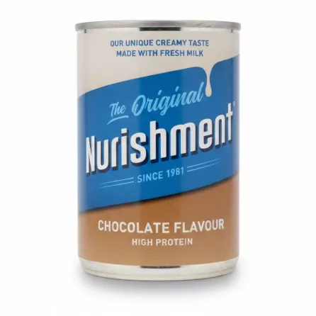 Nurishment chocolate flavour high protein milk drink can front label