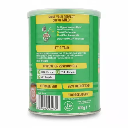 Back label showing preparation instructions and halal symbol on MILO tin
