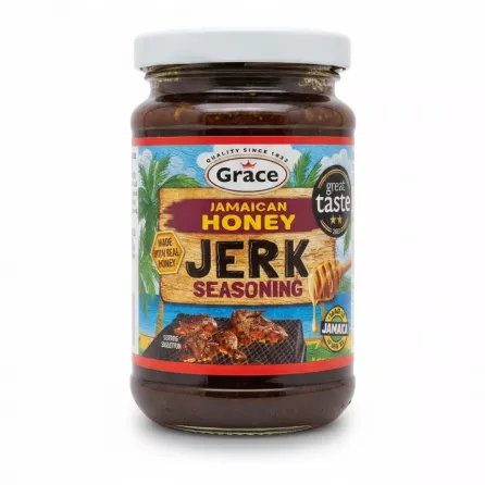 Glass jar of Grace Jamaican Honey Jerk Seasoning with colourful label