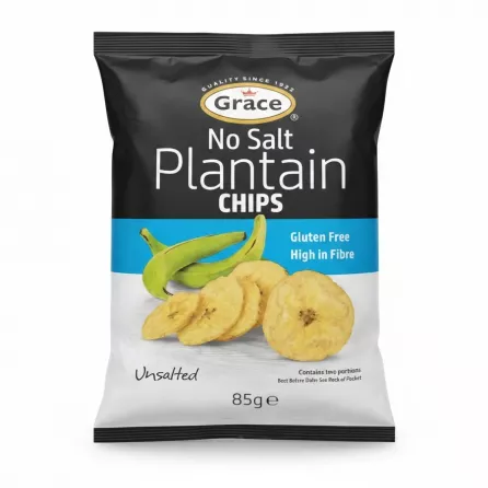 Front of Grace No Salt Plantain Chips bag showing branding and product image