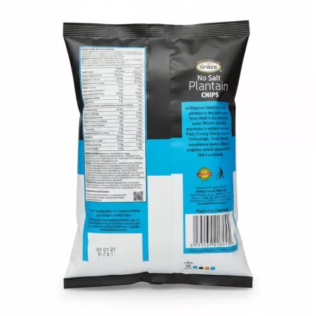 Back of Grace Plantain Chips bag showing ingredients and product information