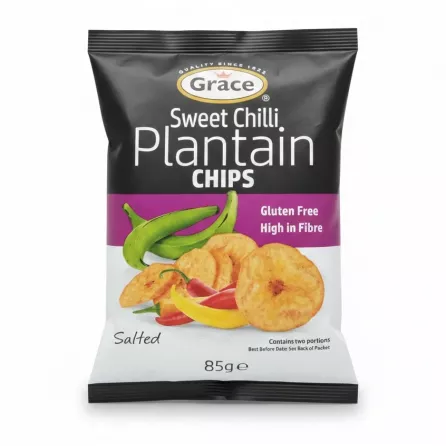 Grace Sweet Chilli Plantain Chips packet front showing product branding and chilli plantain chips