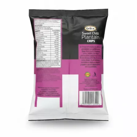 Back view of Grace Sweet Chilli Plantain Chips packet with product description and ingredients info