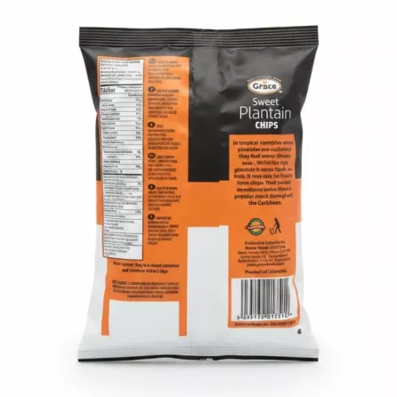 Grace Sweet Plantain Chips packaging back with nutrition and ingredients