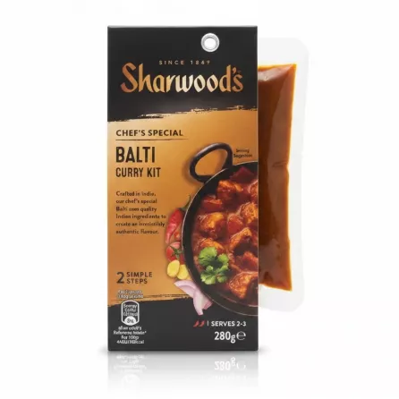 Sharwood's Chef's Special Balti Curry Kit packaging front with serving suggestion image