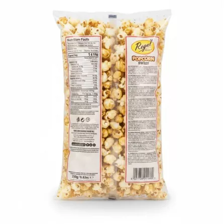 Pack of Regal Snacks Sweet Popcorn back view with ingredients and nutritional facts