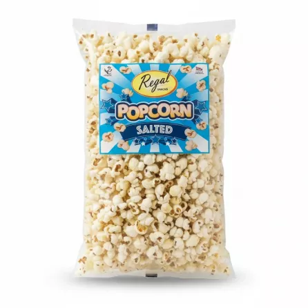 Bag of Regal Salted Popcorn front view showing blue label with popcorn graphics