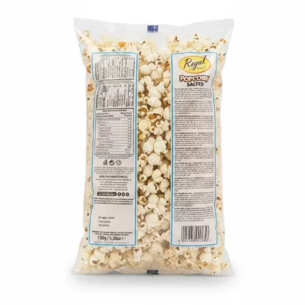 Back view of Regal Salted Popcorn bag with ingredients and nutritional info