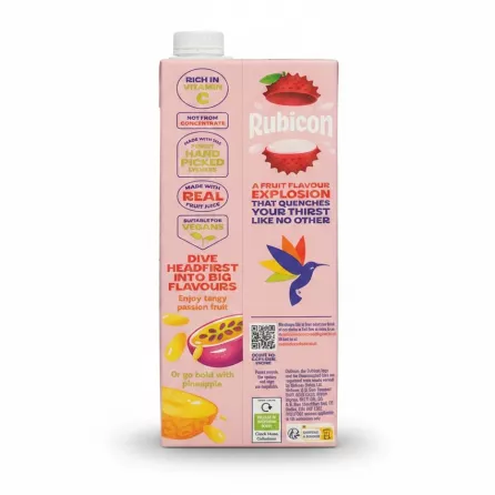 Rubicon Still Lychee Juice nutritional and promotional information on side