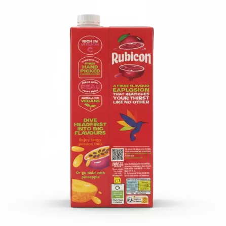Rubicon Juice carton side view highlighting vegan suitability and flavour notes