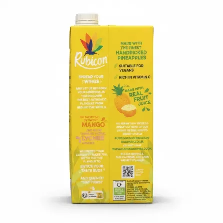 Side packaging of Rubicon Still Pineapple Juice with product info and branding