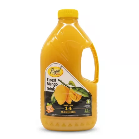 2 litre bottle of Regal Finest Mango Drink with yellow cap and mango label