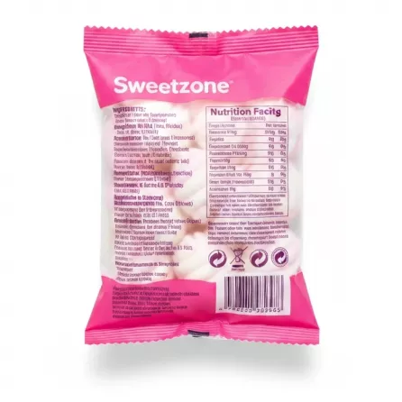 Back of Sweetzone Mallow Twists pack showing ingredients and nutritional info