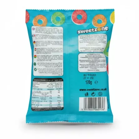 Sweetzone Fizzy Rings candy pack back view showing ingredients and information