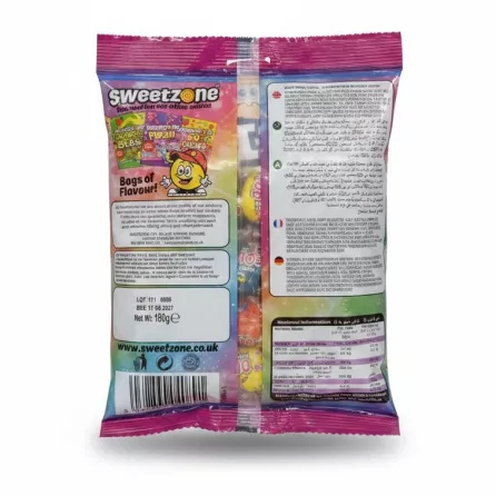 Back of Sweetzone Sour Fruit Chews pack showing ingredients and nutritional info
