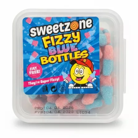 Container of Sweetzone Fizzy Blue Bottles candy