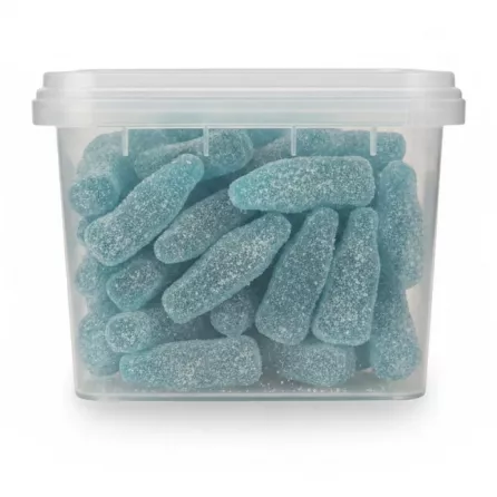 Close-up side view of blue raspberry fizzy bottles in plastic container