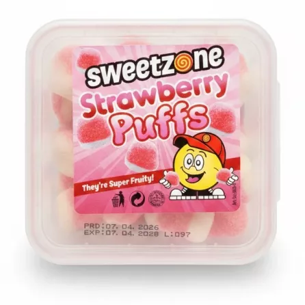 Sweetzone Strawberry Puffs in plastic container with pink label