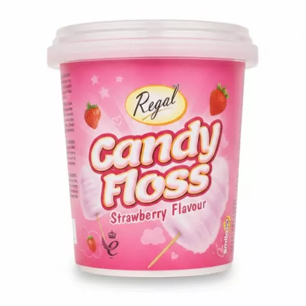 Regal strawberry flavour candy floss tub in pink packaging