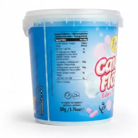 Nutrition facts and halal certification on Regal Candy Floss tub