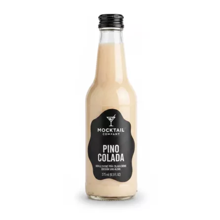 Glass bottle of The Mocktail Company Pina Colada with black label