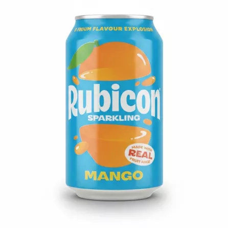 Rubicon sparkling mango drink can with bright blue and orange design