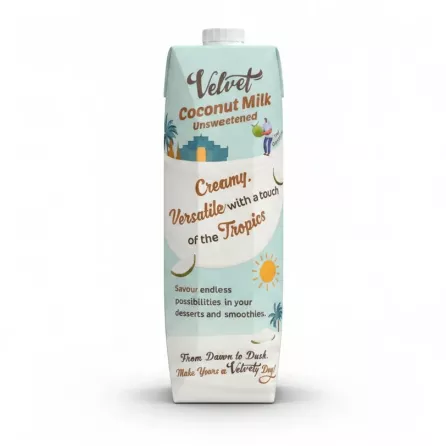 Side view of UFC Velvet Unsweetened Coconut Milk carton with usage description