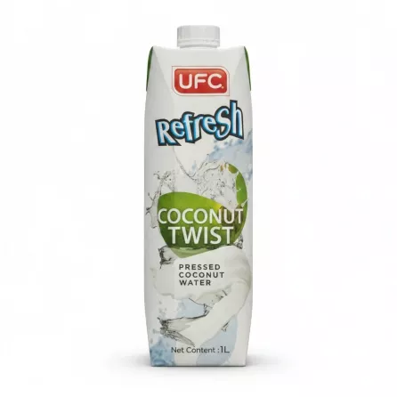 UFC Refresh Coconut Twist pressed coconut water 1 litre carton front view