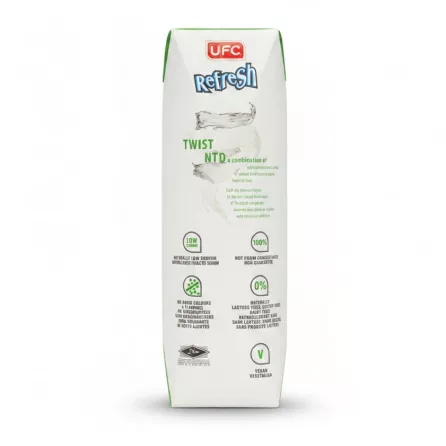 UFC Refresh Coconut Twist pressed coconut water side view with product details