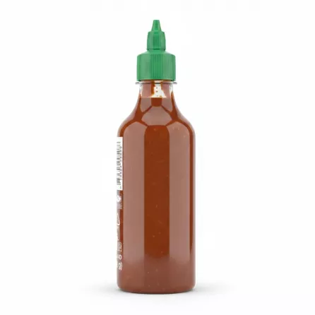 Back view of Crying Thaiger Sriracha Ketchup bottle showing product origin and dietary labels