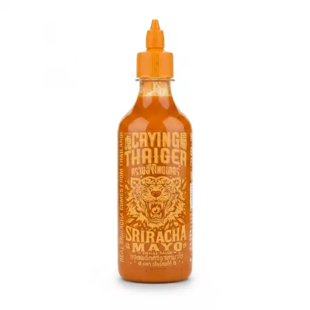 Front label of Crying Thaiger Sriracha Mayo chilli sauce bottle