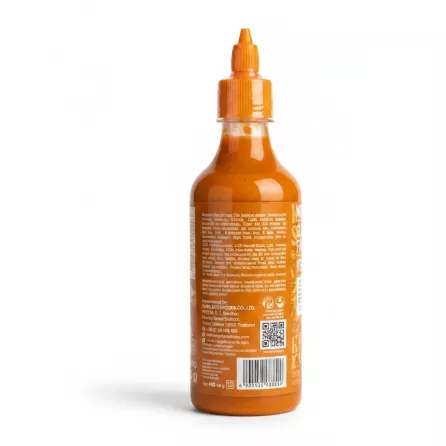Back label showing product details and barcode of Crying Thaiger Sriracha Mayo chilli sauce