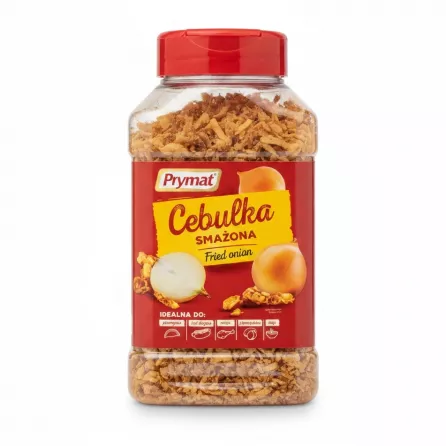 Plastic container of Prymat fried onion crisps with red lid and yellow label