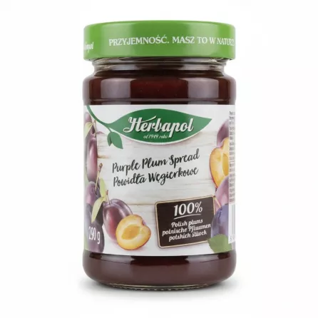 Jar of Herbapol Purple Plum Spread with green lid and plum images on label