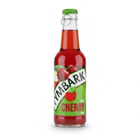 Close-up of Tymbark Cherry Apple Drink bottle with label