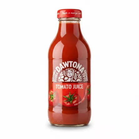 Dawtona brand glass bottle of tomato juice front label