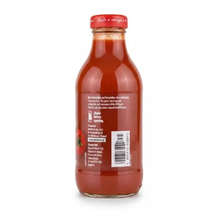 Back label of Dawtona tomato juice showing ingredients and storage info