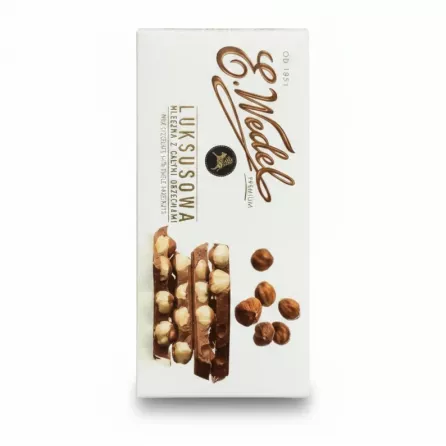 E. Wedel milk chocolate bar with whole hazelnuts in a white wrapper
