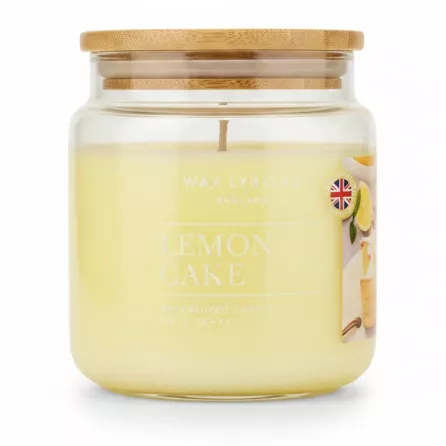Wax Lyrical Lemon Cake candle in glass jar with bamboo lid