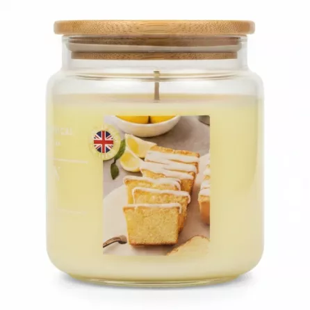 Side view of Lemon Cake candle with lemon cake photo label