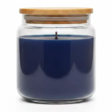 Wax Lyrical Moody Skies fragranced candle with visible blue wax inside clear glass jar