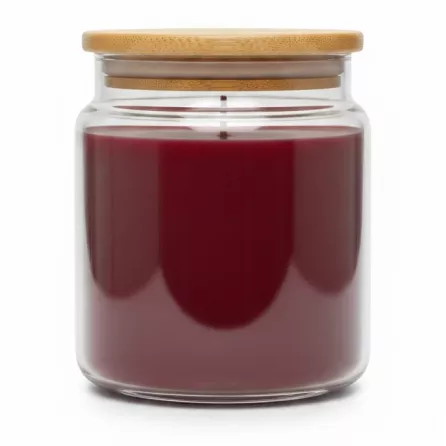 Glass jar candle with black cherry scented red wax and bamboo lid