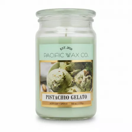Pacific Wax Co. Pistachio Gelato scented candle in a glass jar