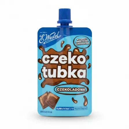 E.Wedel Czekotubka chocolate cream in a bright blue squeeze pouch with twist cap