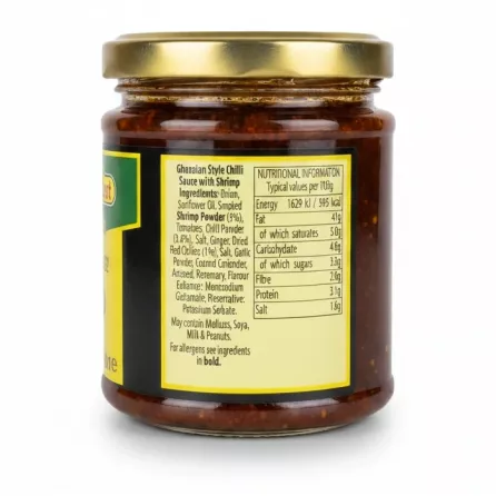 Nutritional facts and ingredients label on Ghana Best Hot Shito sauce jar