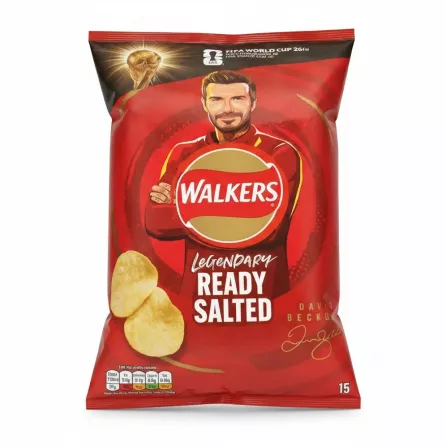 Walkers Legendary Ready Salted Crisps front packaging with red design and David Beckham illustration