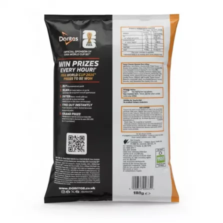 Doritos Tangy Cheese Flavour Corn Chips back packaging with nutritional information
