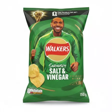 Walkers Seriously Salt & Vinegar Crisps 150g pack front view with football fan graphic