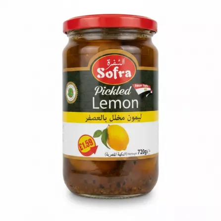 Jar of Sofra Pickled Lemon with red lid and label